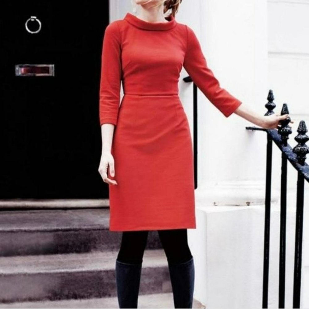 Boden Ribbed Zoe Ponte‎ Tailored Mock Collar Pocket 3/4 Sleeve Red Dress Size 4